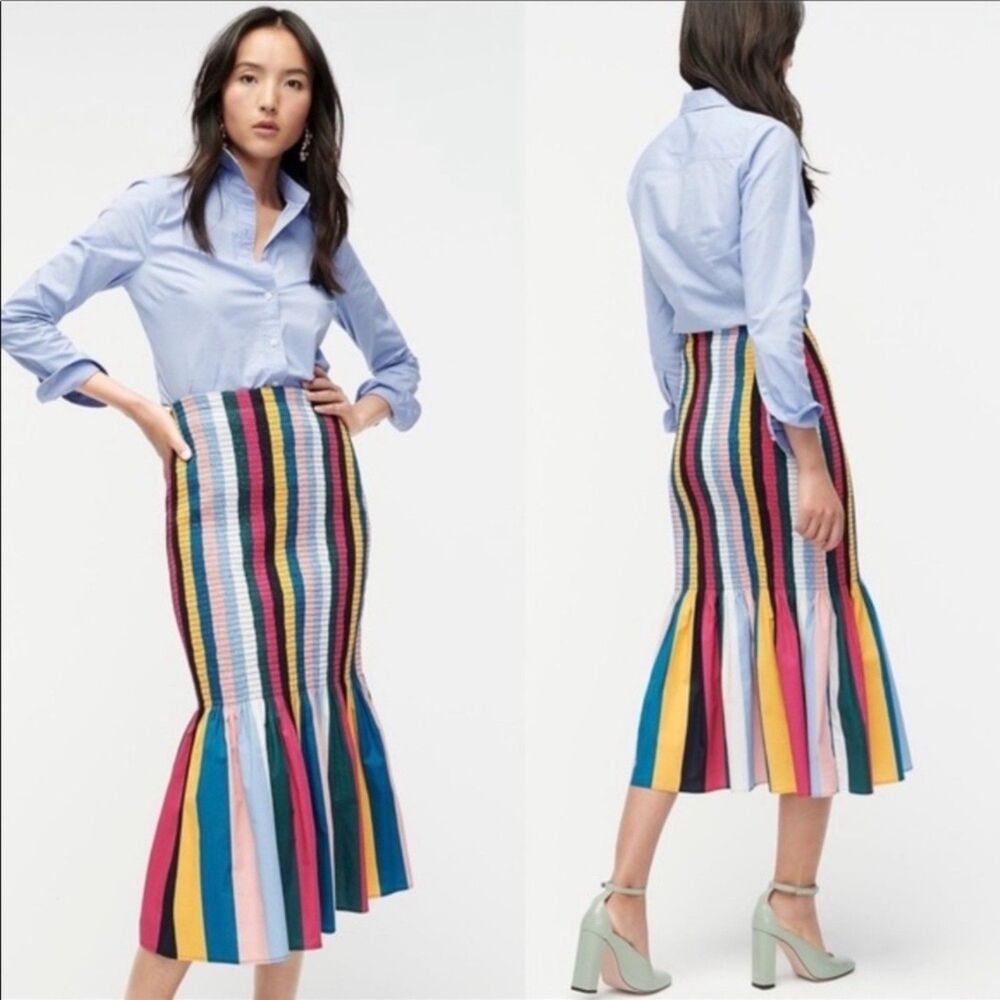 J.Crew Rainbow Striped Smocked Maxi Skirt Womens Size 6 Cotton Colorful Boho